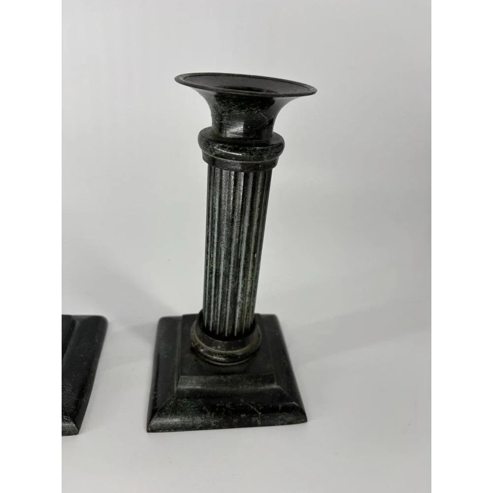 Vintage Green Patina Metal Fluted Column Candle Holders Pair 7